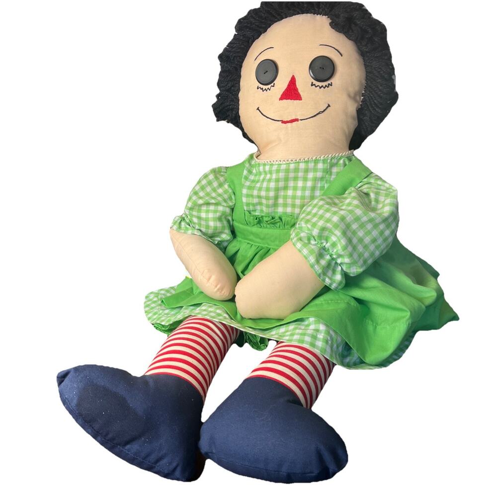 Vintage Raggedy Ann Rag Doll 35" Green Gingham Dress Black Yarn Hair Button Eyes